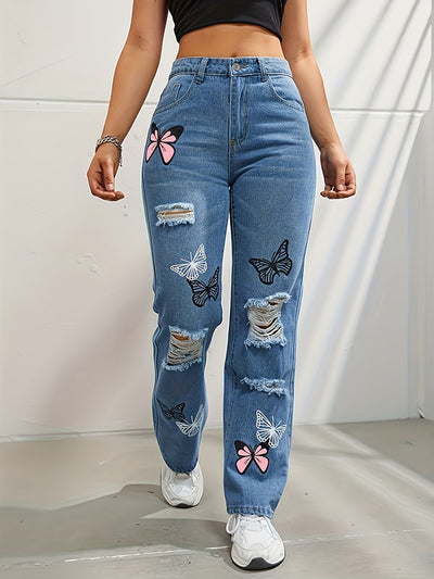 High Waisted Butterfly Print Fringed Ripped Split-Joint Jean Pants Bottoms