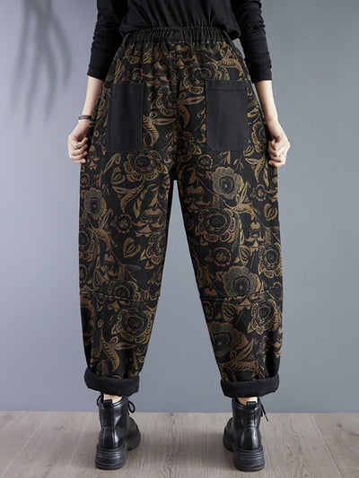 Women Retro Flower Winter Fleece-lined Harem Pants