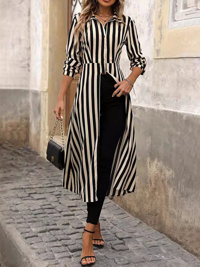 Long Sleeves Loose Buttoned Split-Front Split-Joint Striped Lapel Blouses&Shirts Tops