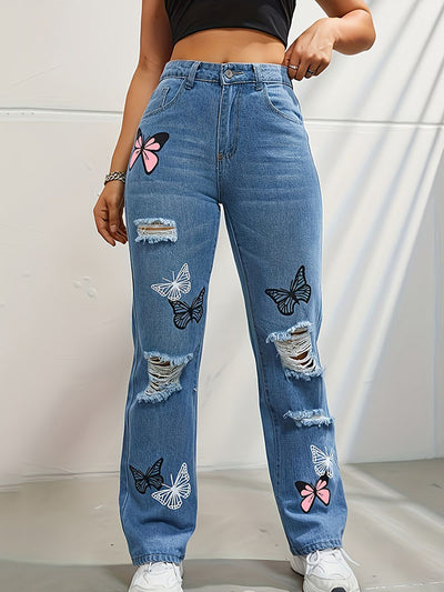 High Waisted Butterfly Print Fringed Ripped Split-Joint Jean Pants Bottoms