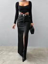 Bodycon High Waisted Pockets Solid Color Split-Front Split-Joint Velvet Skirts Bottoms