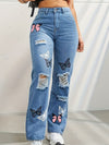 High Waisted Butterfly Print Fringed Ripped Split-Joint Jean Pants Bottoms