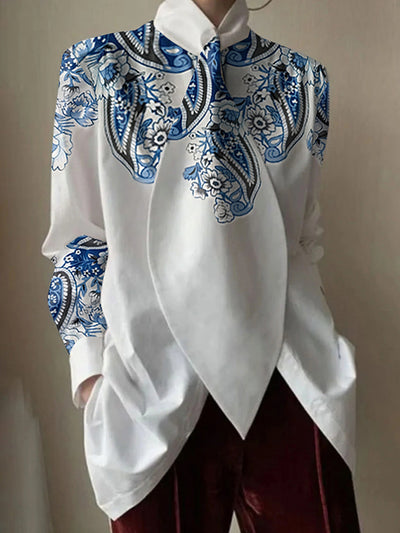 Long Sleeves Loose Flower Print Split-Joint Stand Collar Blouses&Shirts Tops