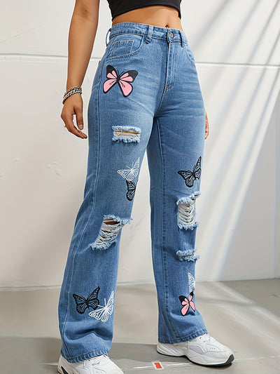 High Waisted Butterfly Print Fringed Ripped Split-Joint Jean Pants Bottoms