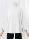 Flared Sleeves Loose Pleated Solid Color Split-Joint Stand Collar Blouses&Shirts Tops