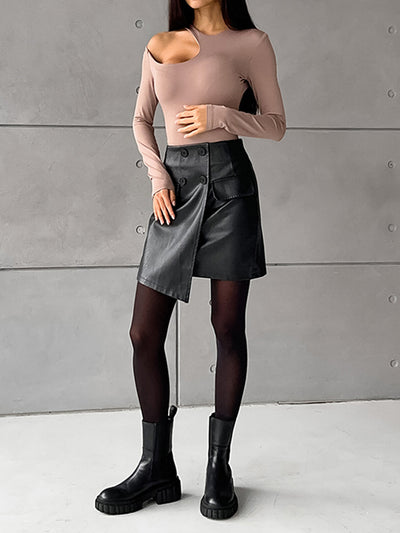 A-Line High Waisted Asymmetric Buttoned Solid Color Split-Joint Skirts Bottoms