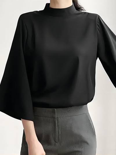 Flared Sleeves Loose Pleated Solid Color Split-Joint Stand Collar Blouses&Shirts Tops