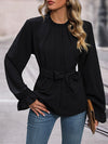 Flared Sleeves Long Sleeves Elasticity Pleated Solid Color Tied Round-Neck Blouses&Shirts Tops