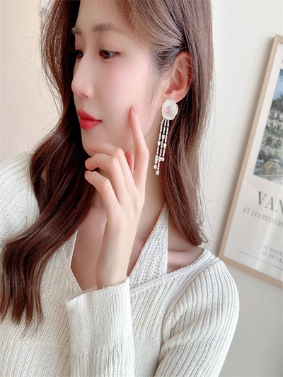 Light luxury fashion inlaid long camellia earrings