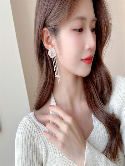 Light luxury fashion inlaid long camellia earrings