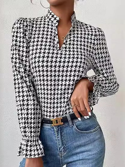 Long Sleeves Loose Elasticity Houndstooth Split-Joint V-Neck Blouses&Shirts Tops