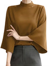 Flared Sleeves Loose Pleated Solid Color Split-Joint Stand Collar Blouses&Shirts Tops