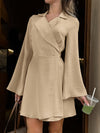 A-Line Flared Sleeves Solid Color Split-Joint Notched Collar Mini Dresses