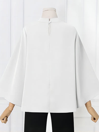 Flared Sleeves Loose Pleated Solid Color Split-Joint Stand Collar Blouses&Shirts Tops