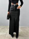 Bodycon High Waisted Pockets Solid Color Split-Front Split-Joint Velvet Skirts Bottoms