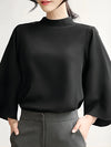 Flared Sleeves Loose Pleated Solid Color Split-Joint Stand Collar Blouses&Shirts Tops