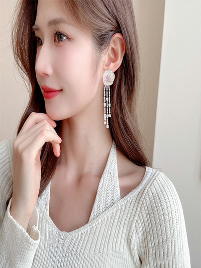 Light luxury fashion inlaid long camellia earrings