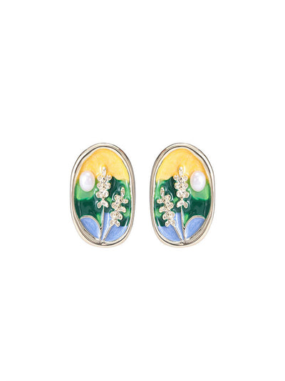 Impression oil painting s925 silver needle court style earrings