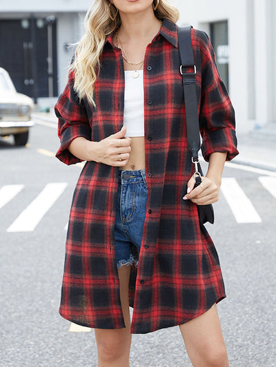 Long Sleeves Loose Buttoned Plaid Pockets Split-Joint Lapel Blouses&Shirts Tops Outerwear