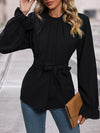 Flared Sleeves Long Sleeves Elasticity Pleated Solid Color Tied Round-Neck Blouses&Shirts Tops