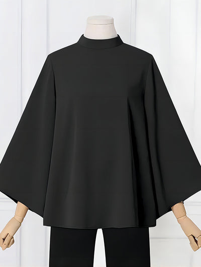 Flared Sleeves Loose Pleated Solid Color Split-Joint Stand Collar Blouses&Shirts Tops