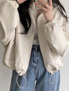 Long Sleeves Loose Drawstring Solid Color Zipper Stand Collar Jackets Outerwear