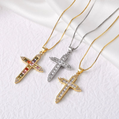 Copper box chain 18K Gold Plated Plating Inlay Cross Zircon Pendant Necklace