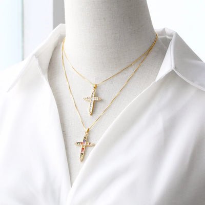 Copper box chain 18K Gold Plated Plating Inlay Cross Zircon Pendant Necklace