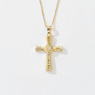 Copper box chain 18K Gold Plated Plating Inlay Cross Zircon Pendant Necklace