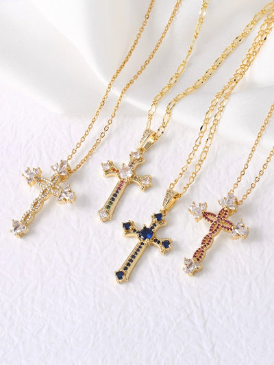 Copper cable chain 18K Gold Plated Plating Inlay Cross Zircon Pendant Necklace