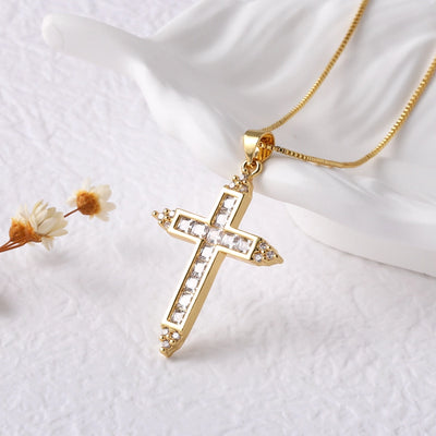 Copper box chain 18K Gold Plated Plating Inlay Cross Zircon Pendant Necklace