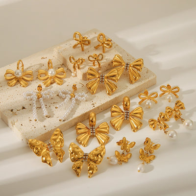 1 Pair Sweet Butterfly Bow Knot Plating Inlay 304 Stainless Steel Rhinestones Pearl 18K Gold Plated Drop Earrings Ear Studs