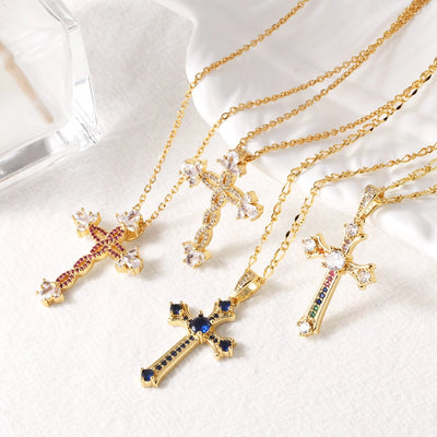 Copper cable chain 18K Gold Plated Plating Inlay Cross Zircon Pendant Necklace