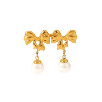 1 Pair Sweet Butterfly Bow Knot Plating Inlay 304 Stainless Steel Rhinestones Pearl 18K Gold Plated Drop Earrings Ear Studs