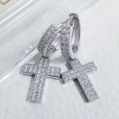 1 Pair IG Style Shiny Cross Inlay Copper Zircon Drop Earrings