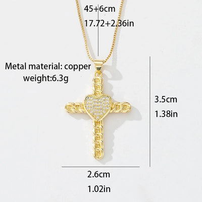 Copper box chain 18K Gold Plated Plating Inlay Cross Zircon Pendant Necklace