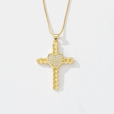 Copper box chain 18K Gold Plated Plating Inlay Cross Zircon Pendant Necklace