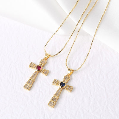 Copper ball chain 18K Gold Plated Plating Inlay Cross Zircon Pendant Necklace