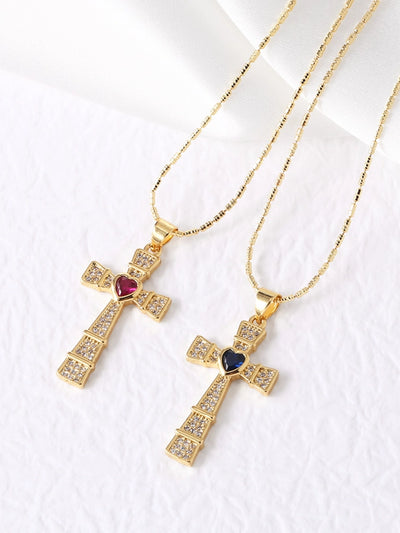 Copper ball chain 18K Gold Plated Plating Inlay Cross Zircon Pendant Necklace