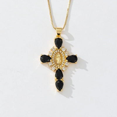 Copper box chain 18K Gold Plated Inlay Cross Zircon Pendant Necklace