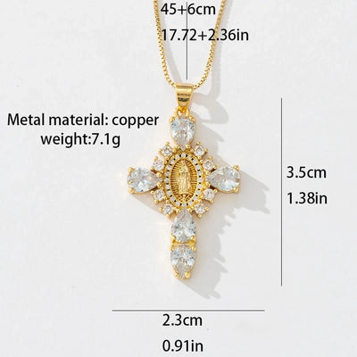 Copper box chain 18K Gold Plated Inlay Cross Zircon Pendant Necklace