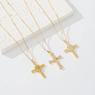 Copper box chain 18K Gold Plated Plating Inlay Cross Zircon Pendant Necklace