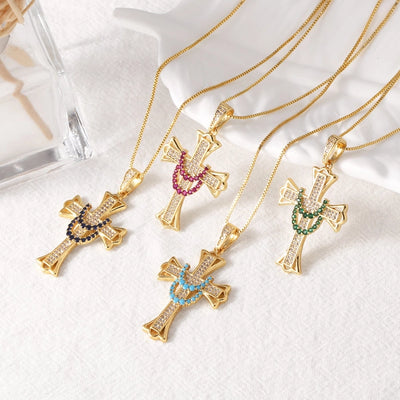 Copper box chain 18K Gold Plated Plating Inlay Cross Zircon Pendant Necklace