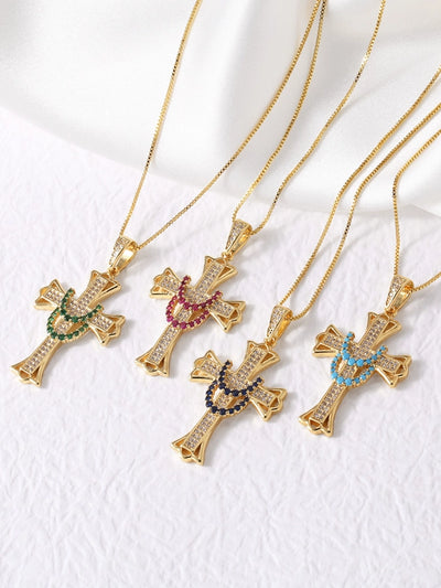 Copper box chain 18K Gold Plated Plating Inlay Cross Zircon Pendant Necklace