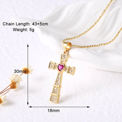 Copper ball chain 18K Gold Plated Plating Inlay Cross Zircon Pendant Necklace