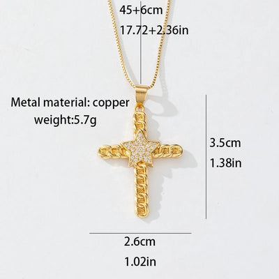 Copper box chain 18K Gold Plated Plating Inlay Cross Zircon Pendant Necklace