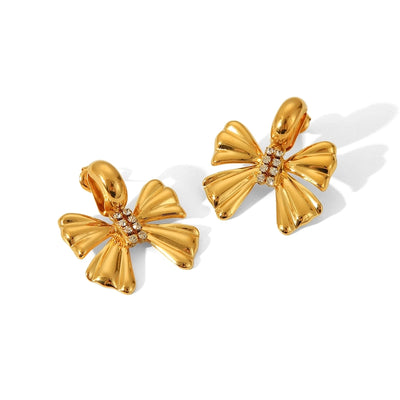 1 Pair Sweet Butterfly Bow Knot Plating Inlay 304 Stainless Steel Rhinestones Pearl 18K Gold Plated Drop Earrings Ear Studs