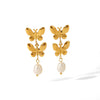 1 Pair Sweet Butterfly Bow Knot Plating Inlay 304 Stainless Steel Rhinestones Pearl 18K Gold Plated Drop Earrings Ear Studs