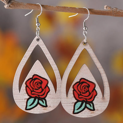 1 Pair Retro Water Droplets Heart Shape Rose Wood Drop Earrings