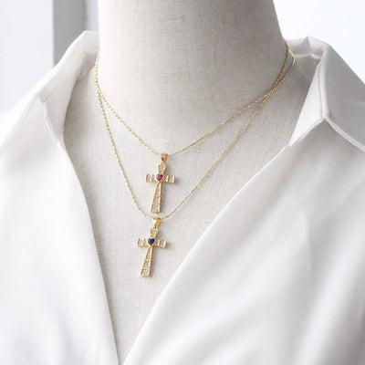 Copper ball chain 18K Gold Plated Plating Inlay Cross Zircon Pendant Necklace